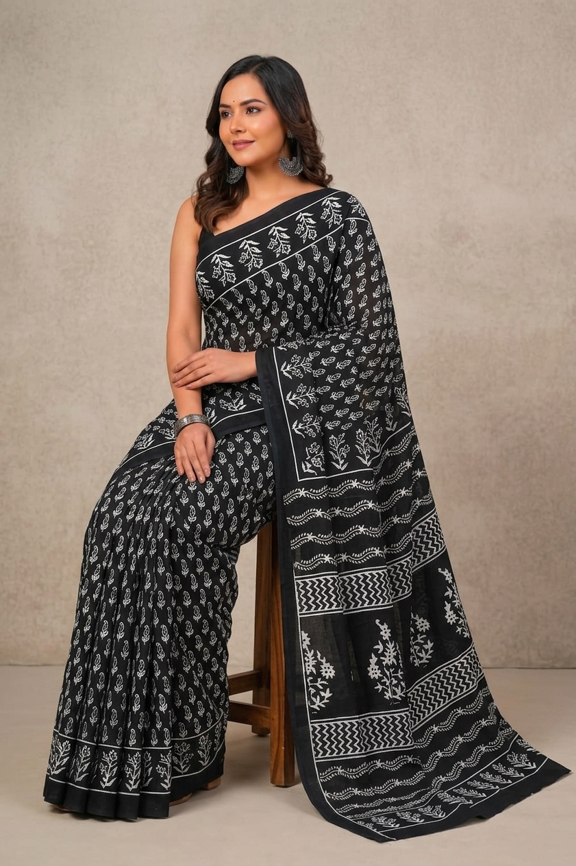 Black & White floral cotton saree, product view 5.