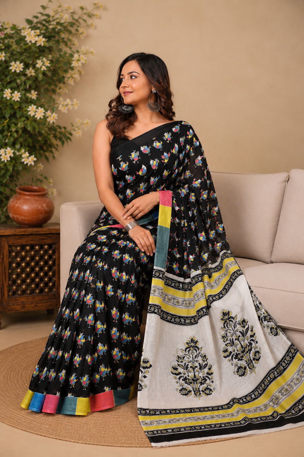 Black & Multicolour folk motif cotton saree, product view 5.