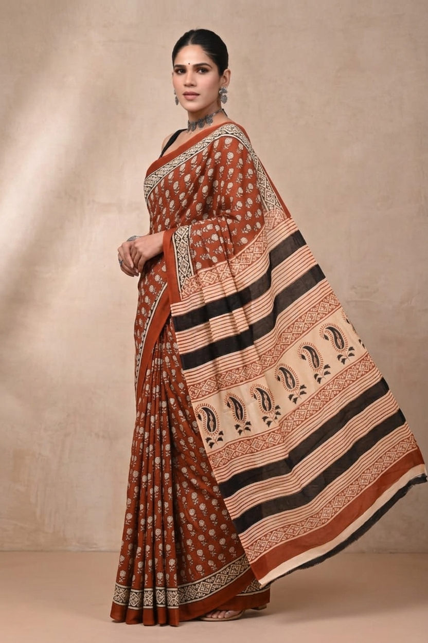 Maroon & Cream botanical cotton saree, product view 3.