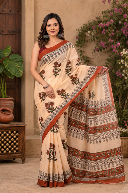 Cream & Rust floral cotton saree, product view 3.
