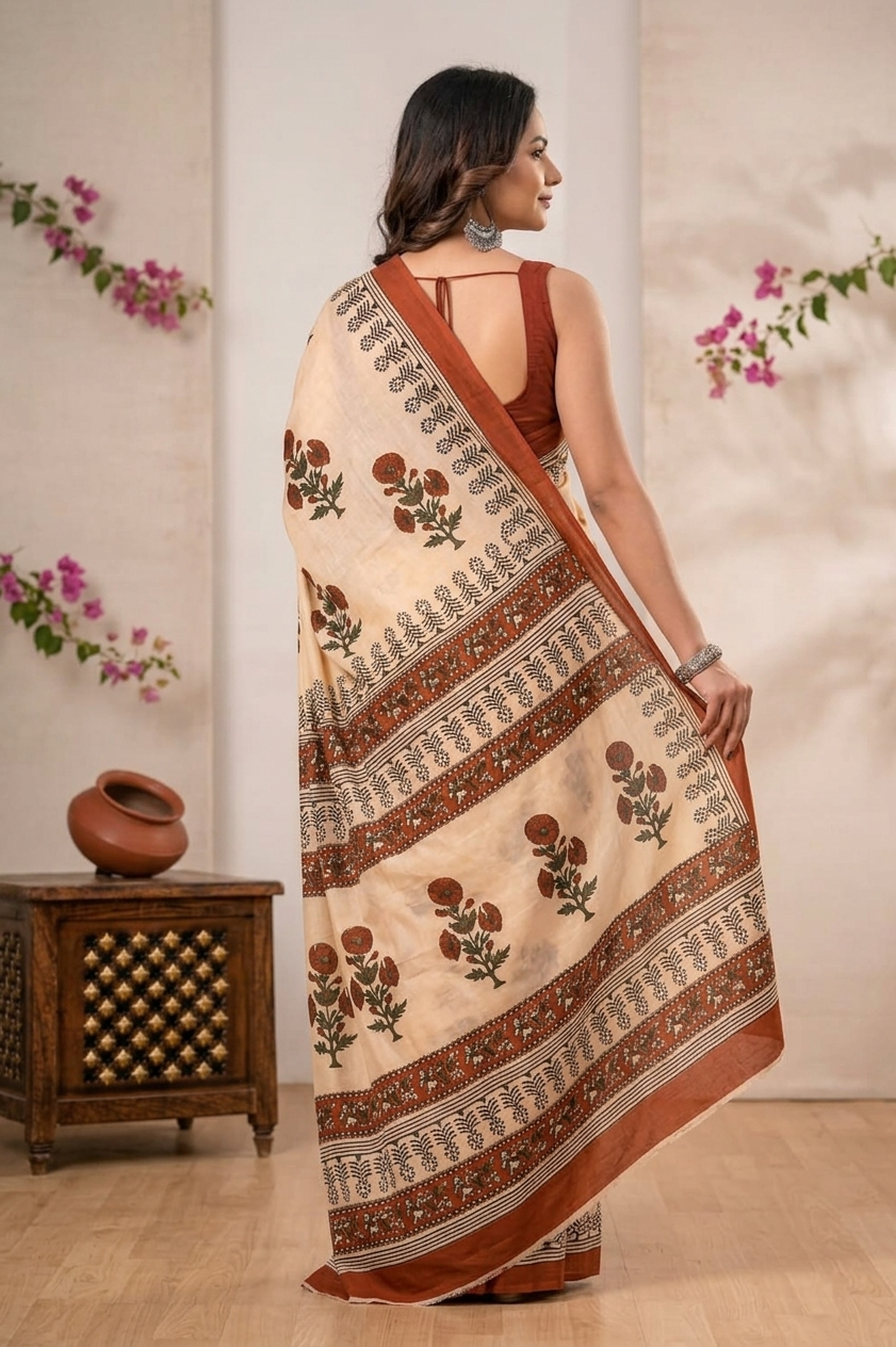 Cream & Rust floral cotton saree, product view 4.