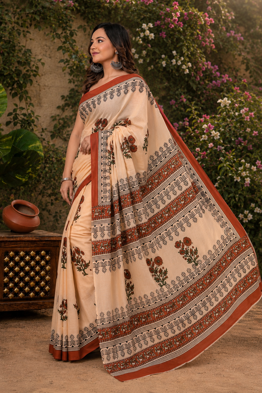 Cream & Rust floral cotton saree, product view 5.