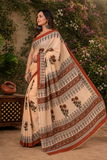 Cream & Rust floral cotton saree, product view 5.