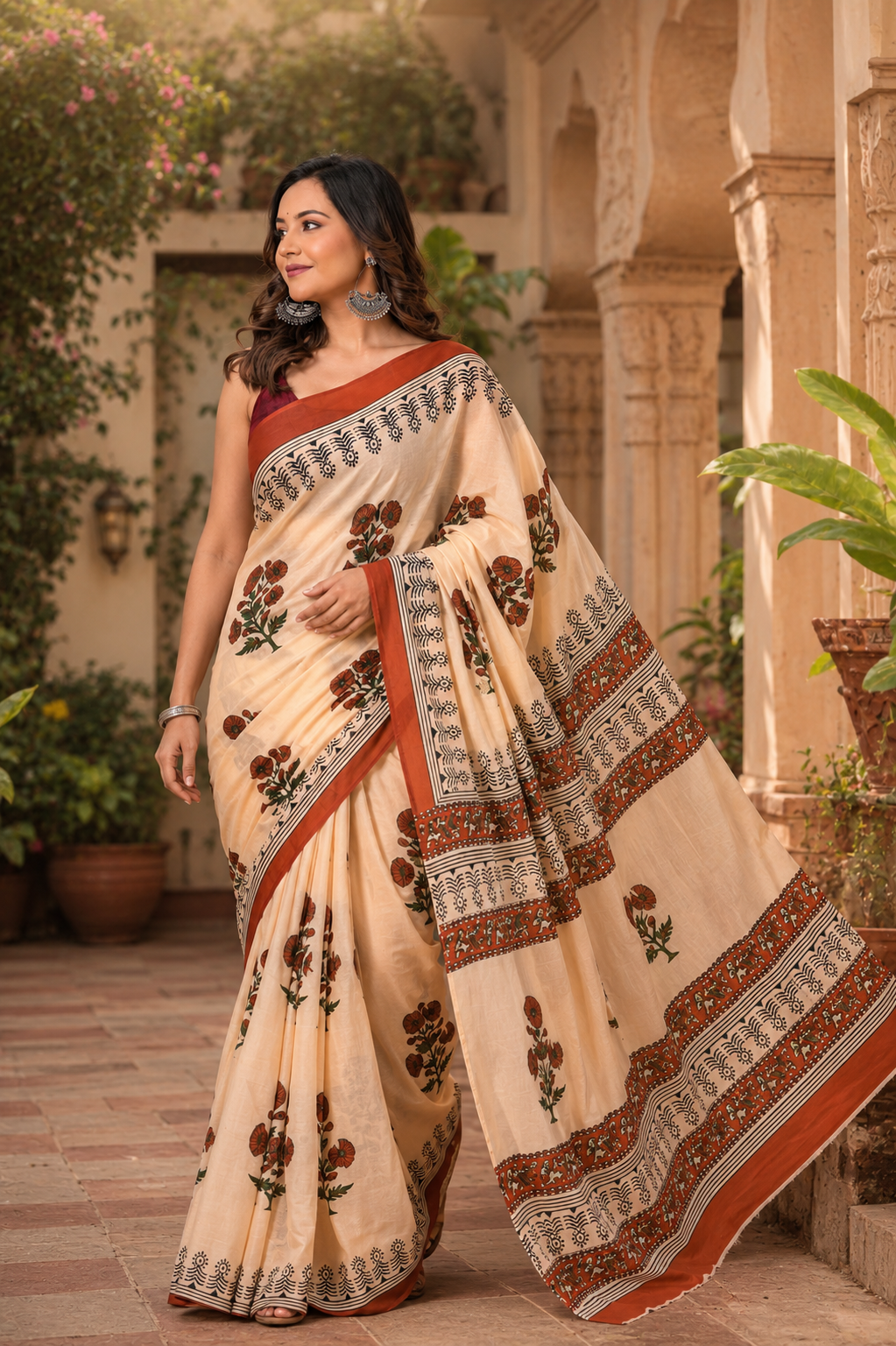Cream & Rust floral cotton saree, product view 6.