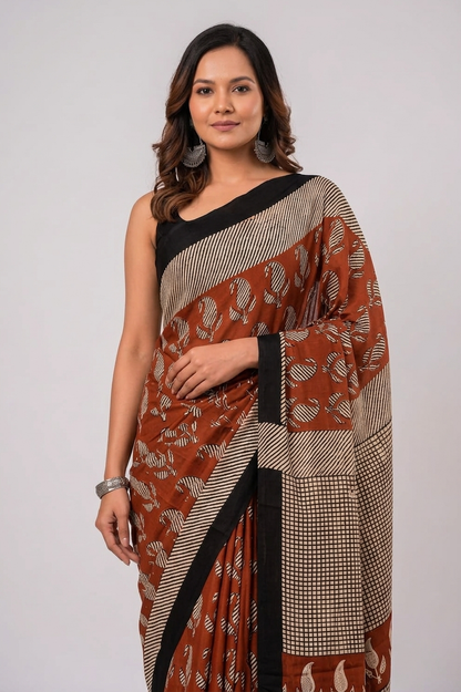 Rust & Black botanical cotton saree, product view 1.