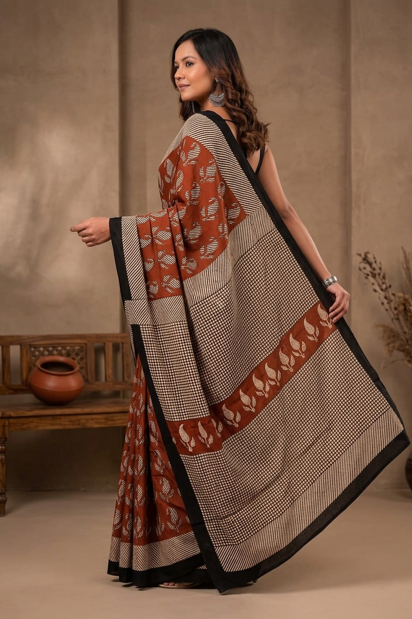 Rust & Black botanical cotton saree, product view 2.