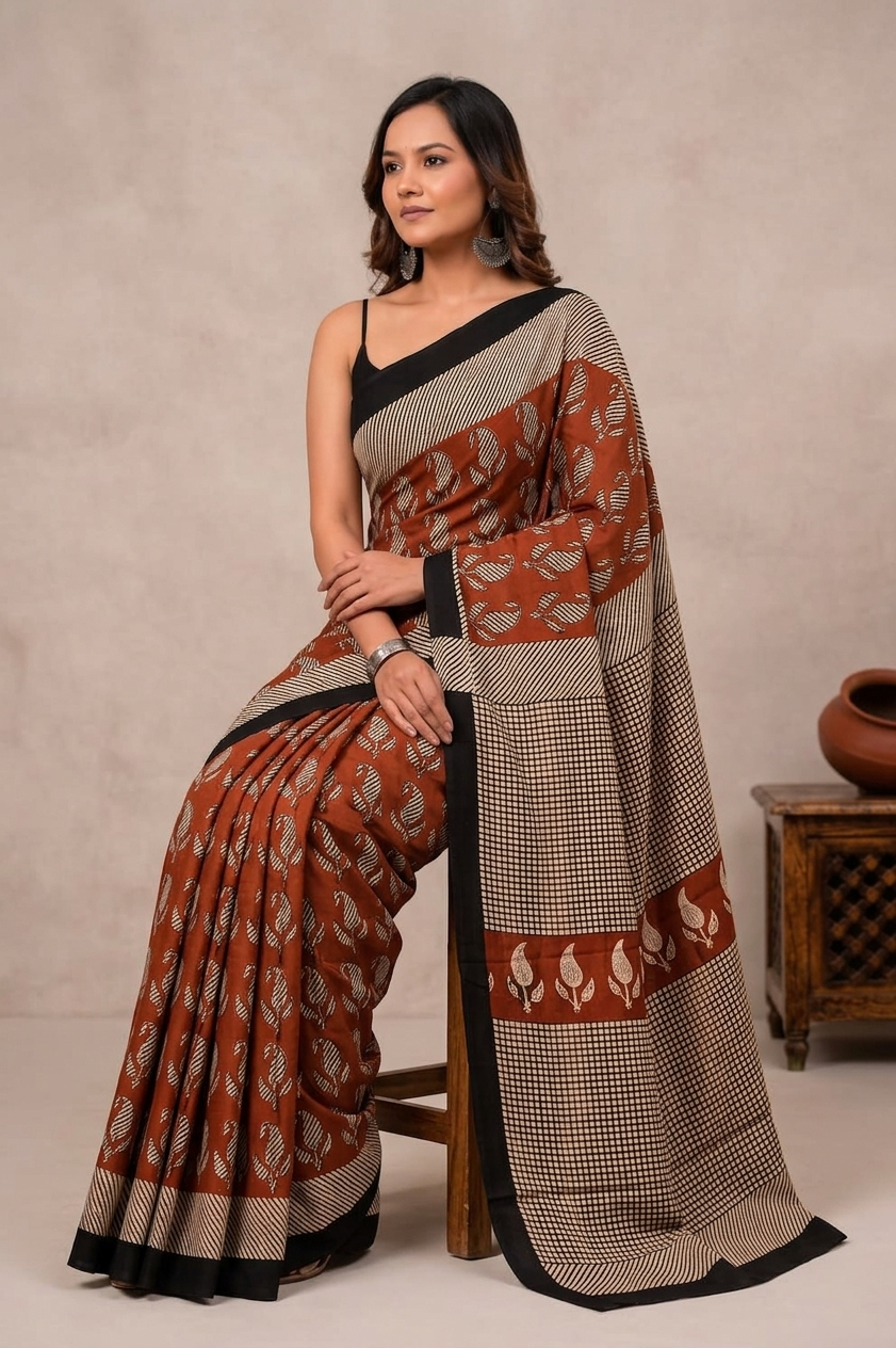 Rust & Black botanical cotton saree, product view 3.
