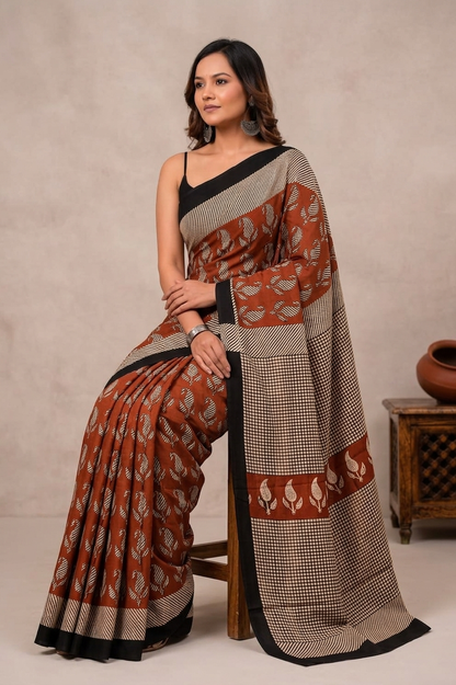Rust & Black botanical cotton saree, product view 3.