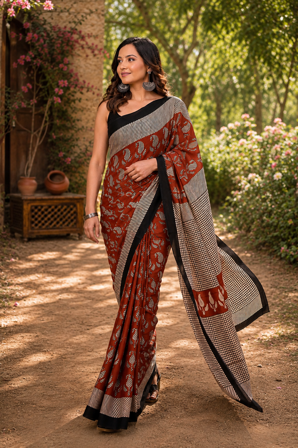 Rust & Black botanical cotton saree, product view 4.