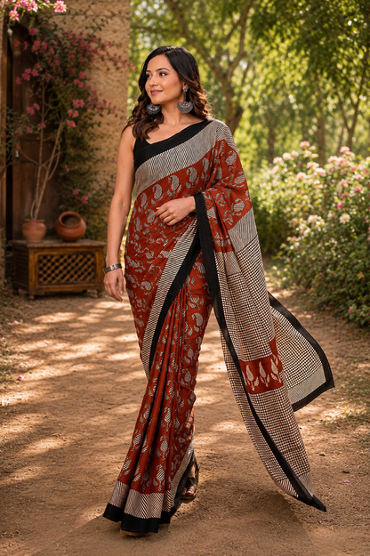 Rust & Black botanical cotton saree, product view 4.