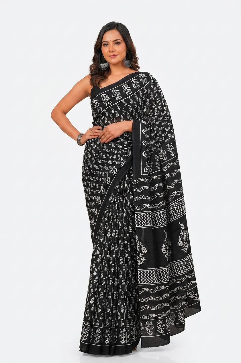 Black & White floral cotton saree, product view 1.
