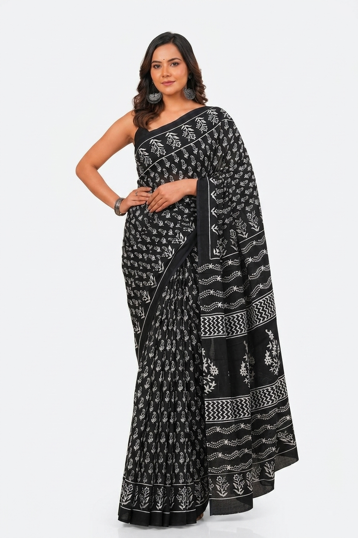 Black & White floral cotton saree, product view 1.