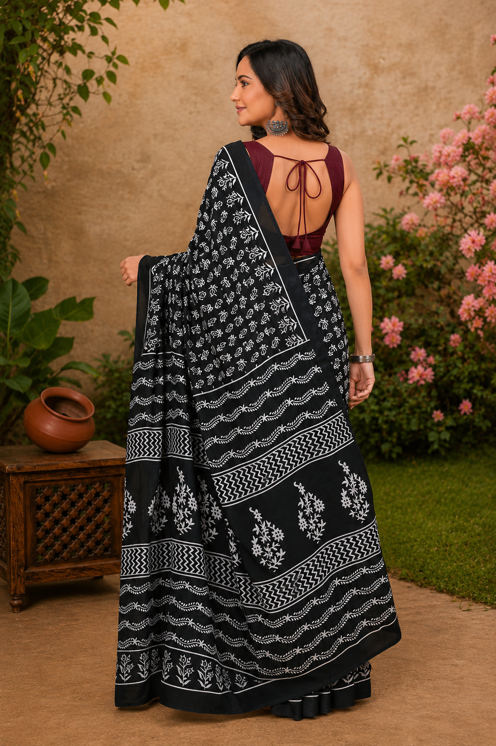 Black & White floral cotton saree, product view 2.