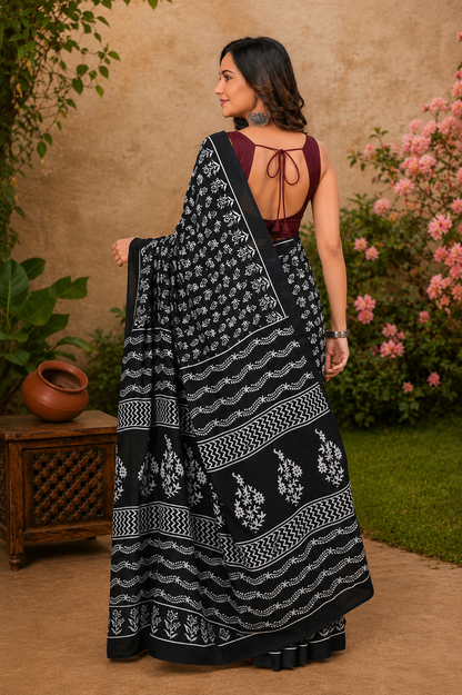 Black & White floral cotton saree, product view 2.