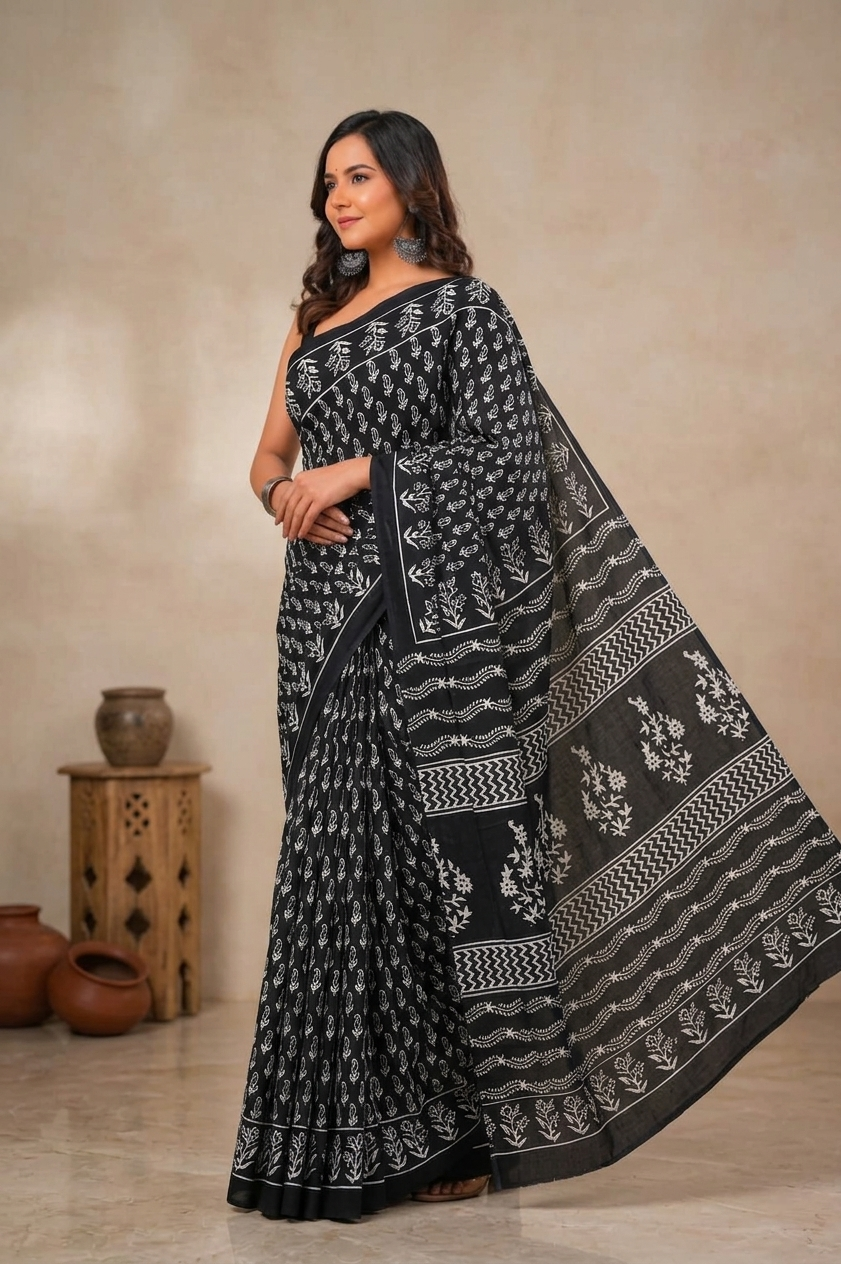 Black & White floral cotton saree, product view 3.
