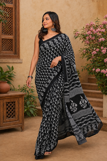 Black & White floral cotton saree, product view 4.