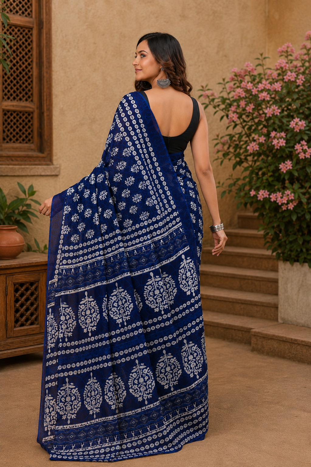 Indigo Blue & White floral cotton saree, product view 1.
