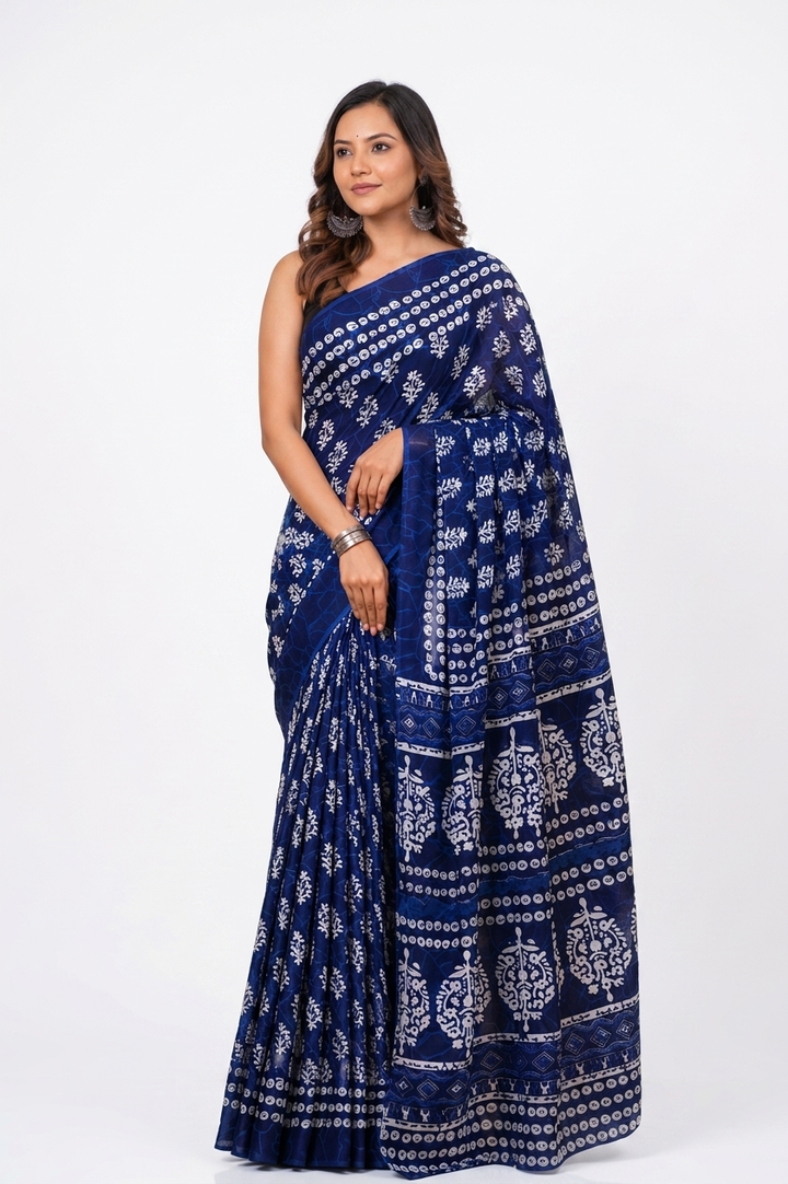 Indigo Blue & White floral cotton saree, product view 2.