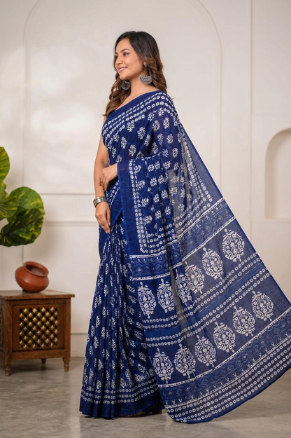 Indigo Blue & White floral cotton saree, product view 3.