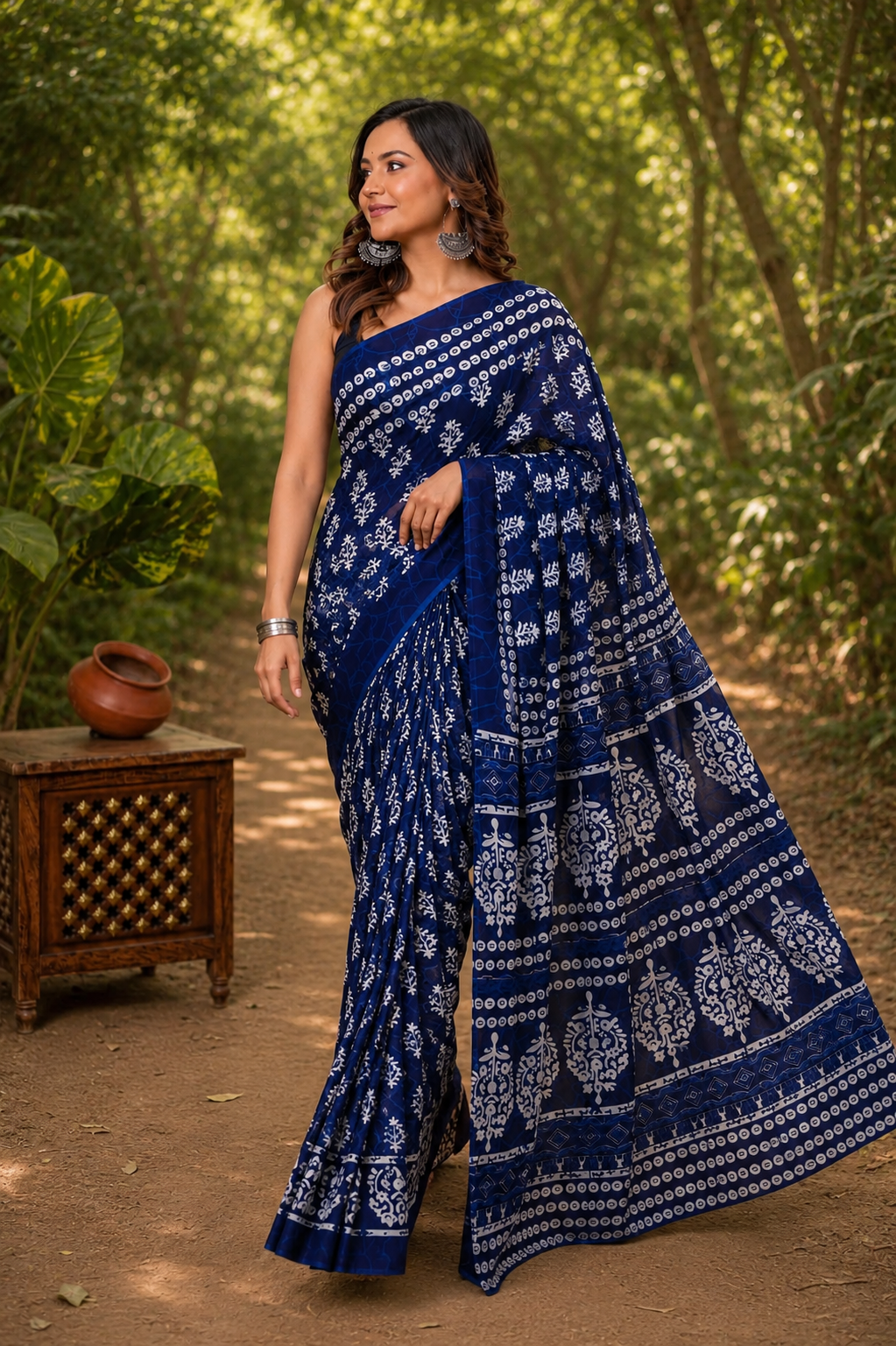 Indigo Blue & White floral cotton saree, product view 4.