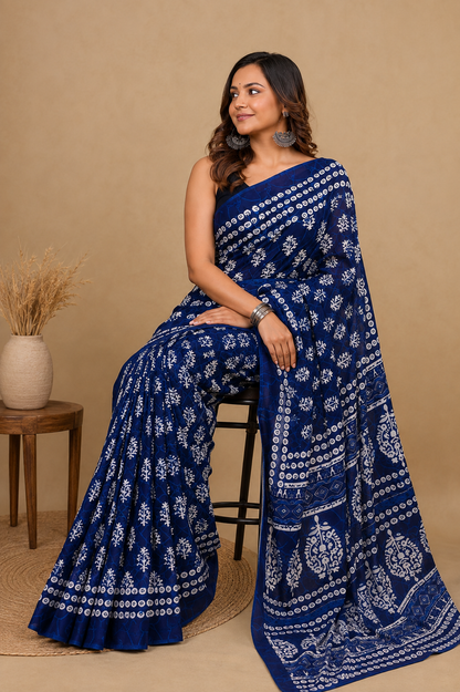 Indigo Blue & White floral cotton saree, product view 5.