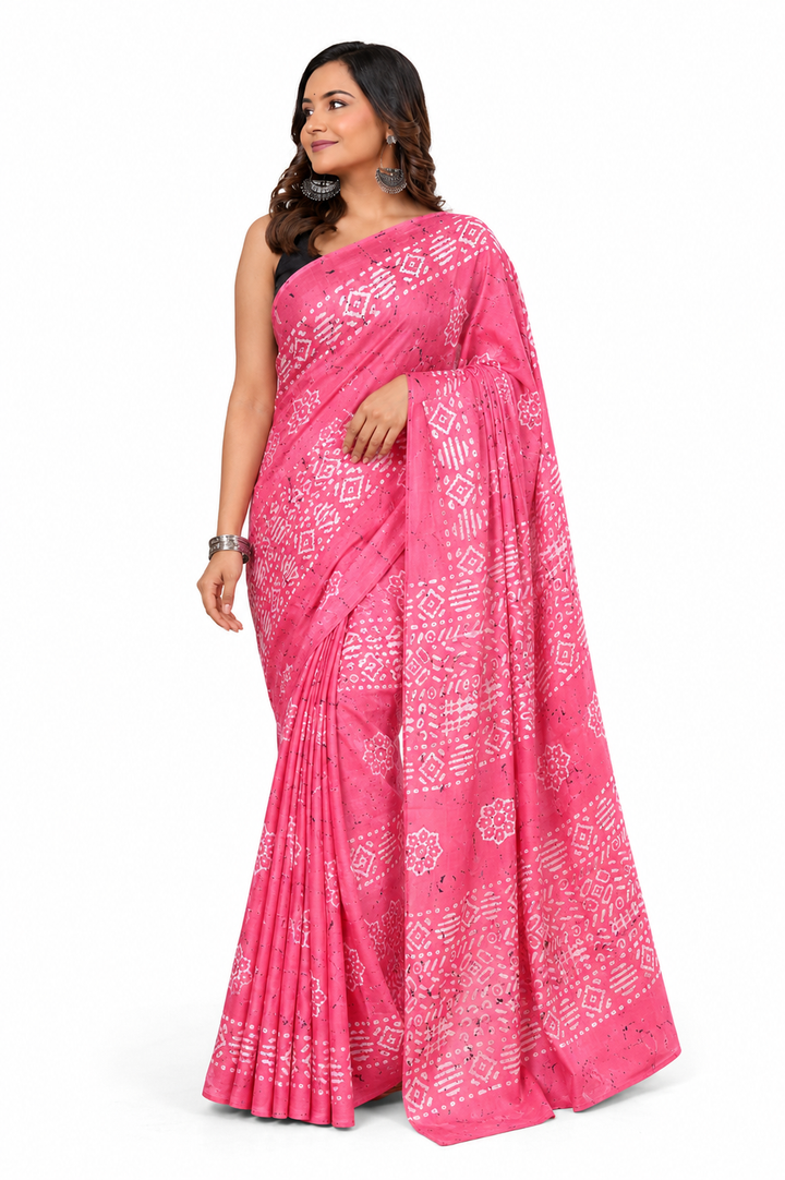 Bright Pink & White geometric cotton saree, product view 1.