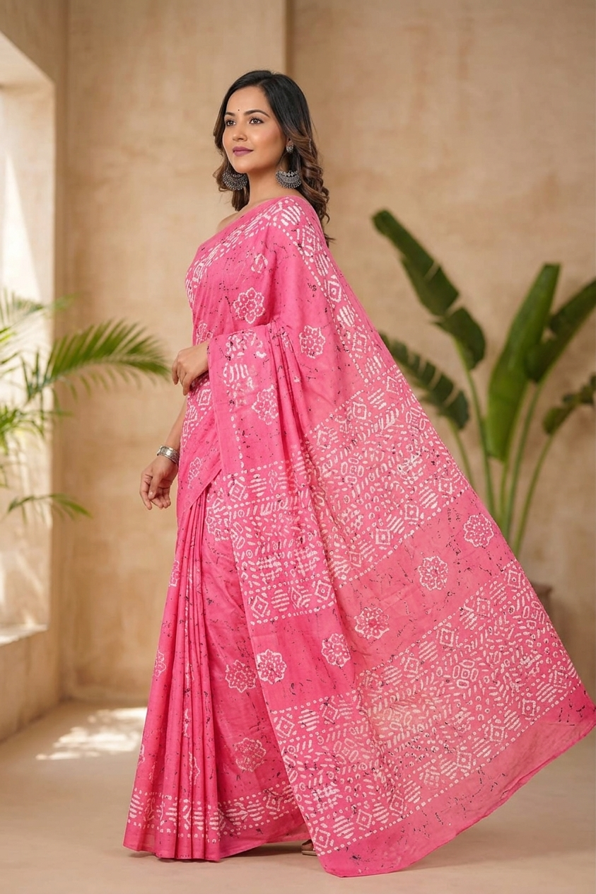 Bright Pink & White geometric cotton saree, product view 3.