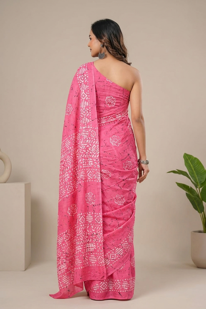 Bright Pink & White geometric cotton saree, product view 4.