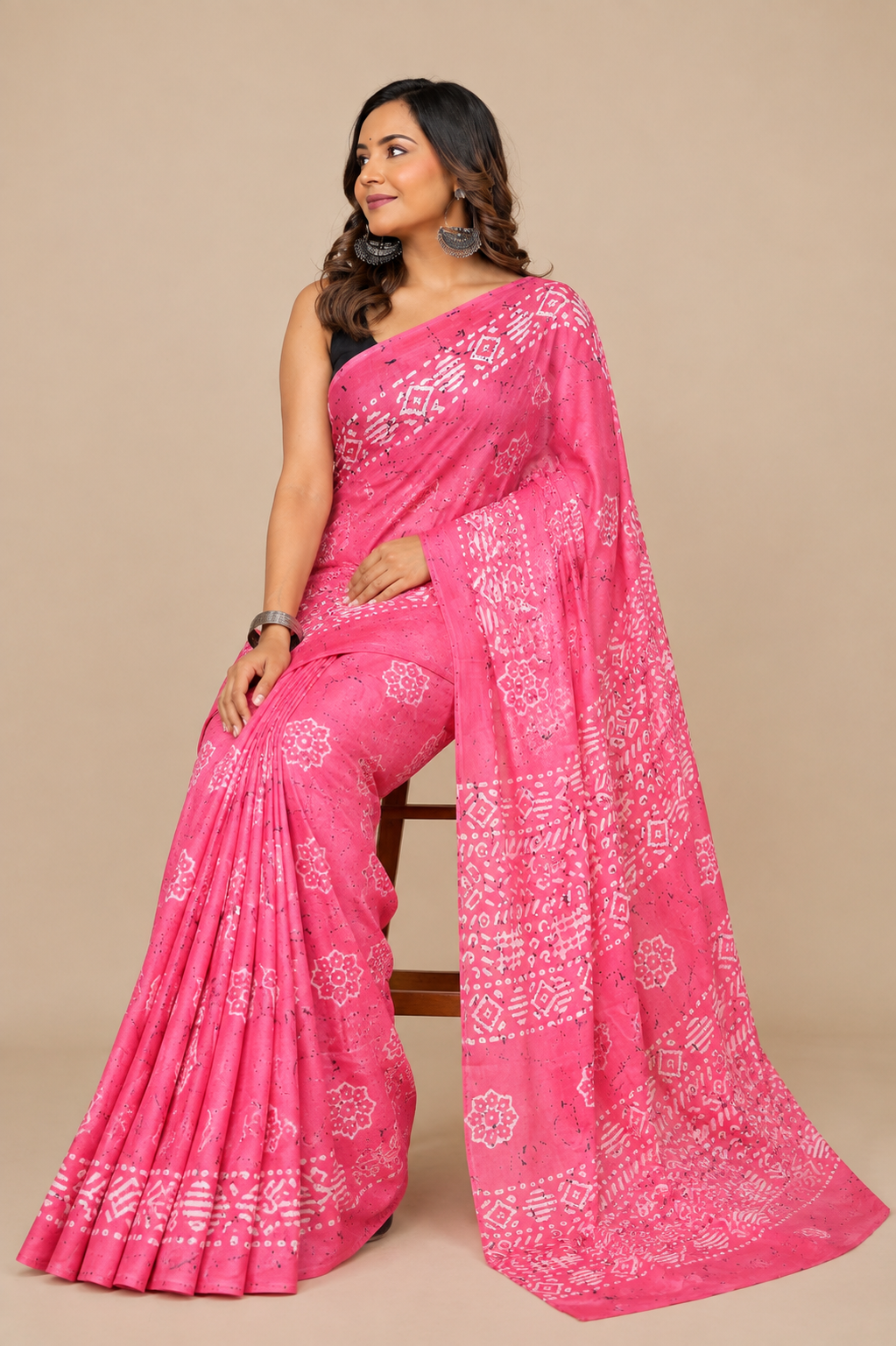 Bright Pink & White geometric cotton saree, product view 5.