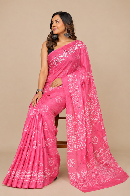 Bright Pink & White geometric cotton saree, product view 5.