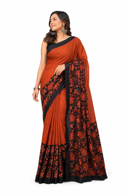 Rust Orange & Black floral border cotton saree, product view 1.