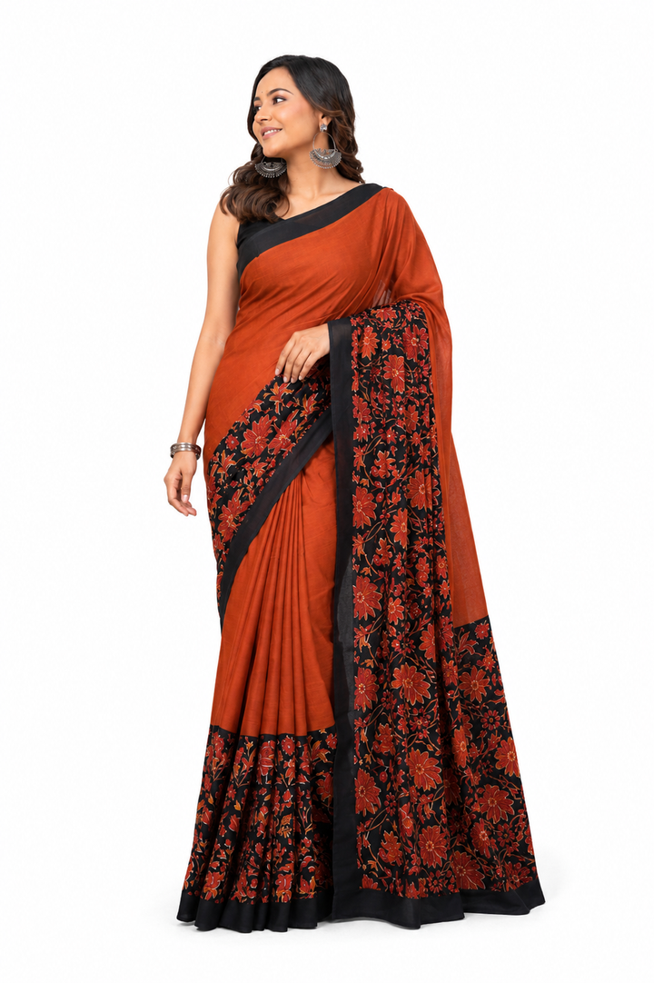 Rust Orange & Black floral border cotton saree, product view 1.