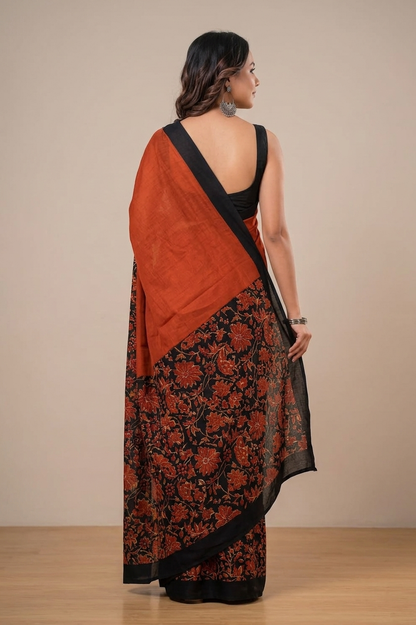 Rust Orange & Black floral border cotton saree, product view 2.