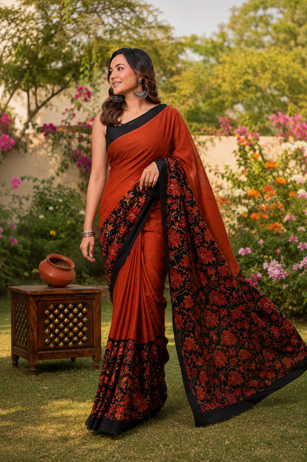 Rust Orange & Black floral border cotton saree, product view 3.