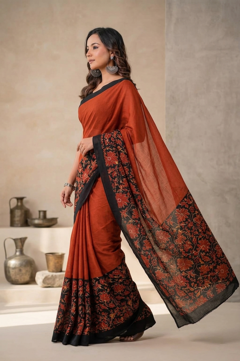 Rust Orange & Black floral border cotton saree, product view 4.