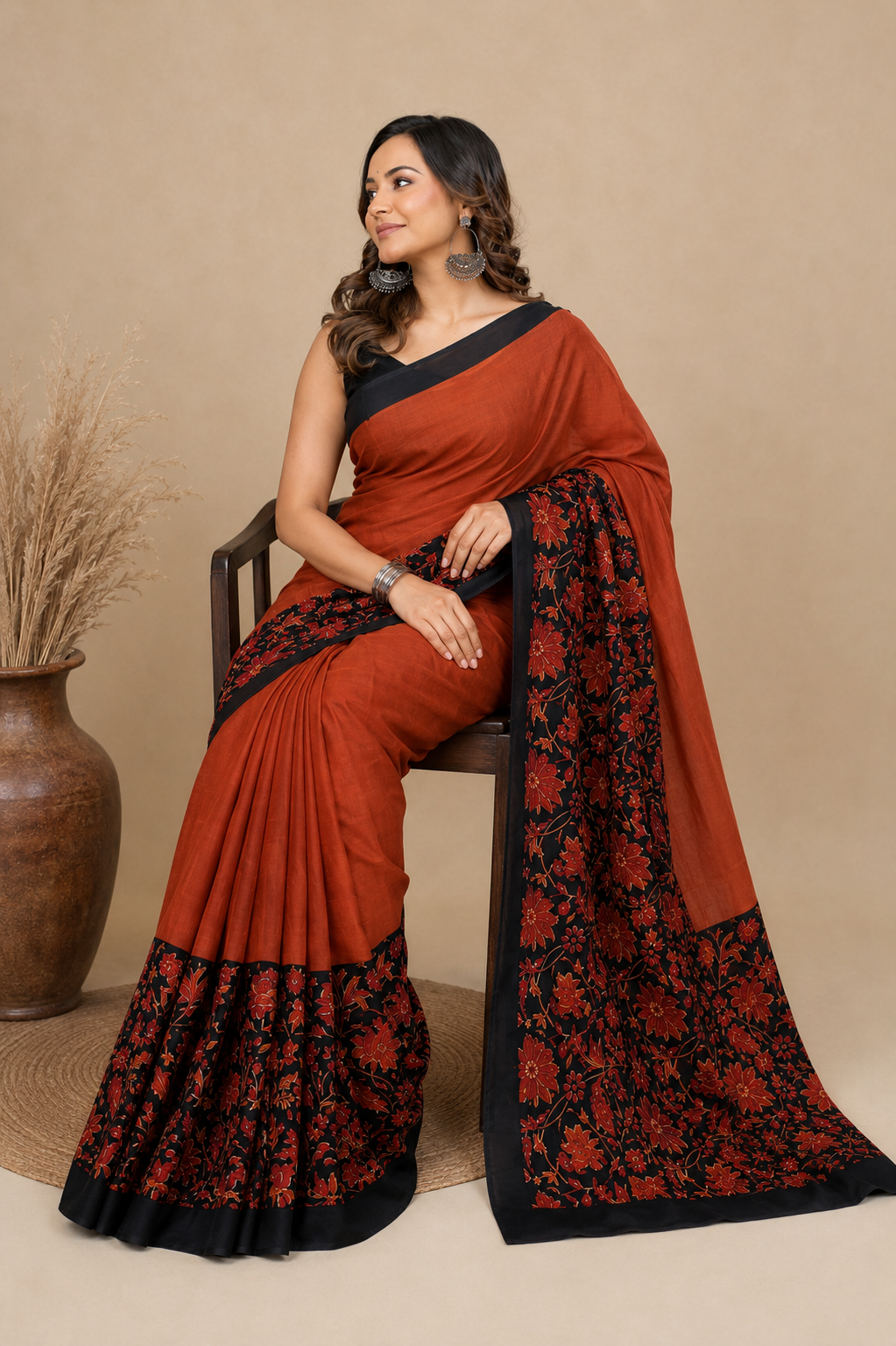 Rust Orange & Black floral border cotton saree, product view 5.