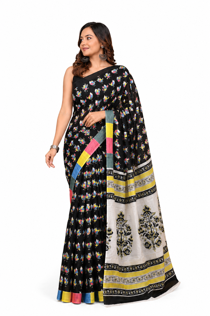 Black & Multicolour folk motif cotton saree, product view 1.