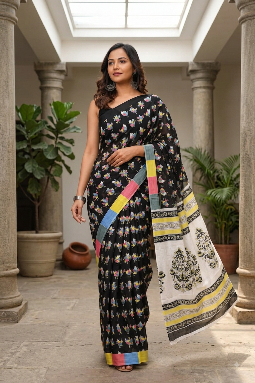 Black & Multicolour folk motif cotton saree, product view 2.
