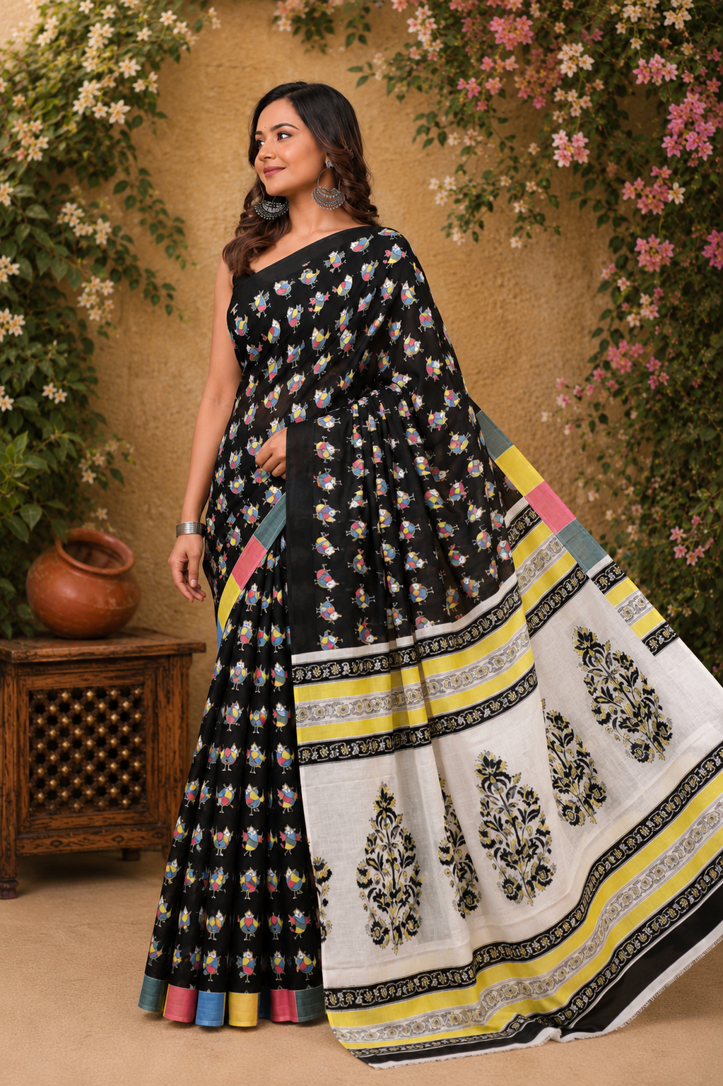 Black & Multicolour folk motif cotton saree, product view 3.