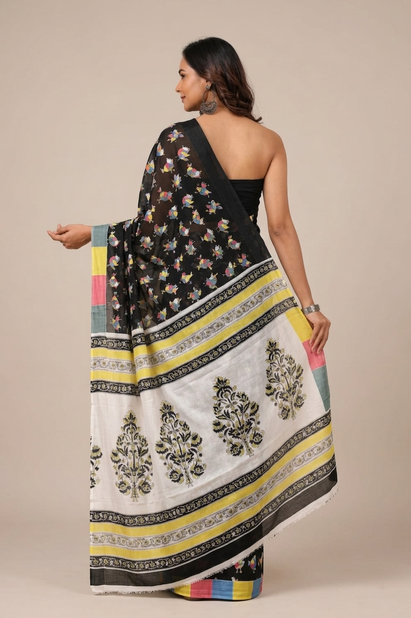 Black & Multicolour folk motif cotton saree, product view 4.