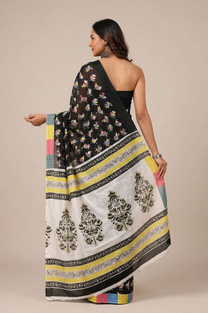 Black & Multicolour folk motif cotton saree, product view 4.