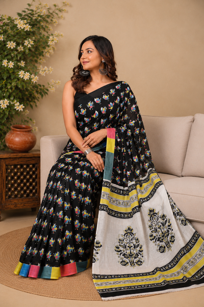 Black & Multicolour folk motif cotton saree, product view 5.