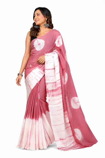 Rose Pink & Ivory circle motif cotton saree, product view 1.