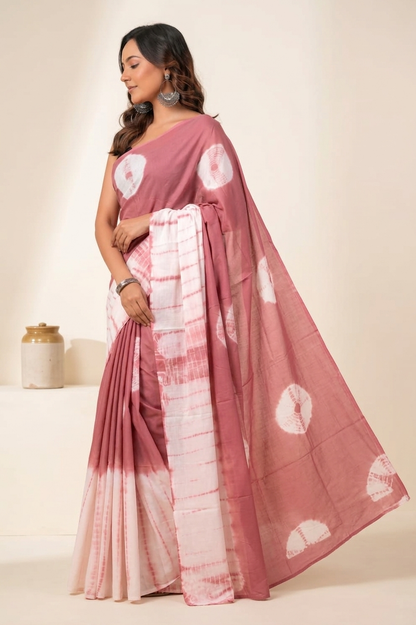 Rose Pink & Ivory circle motif cotton saree, product view 2.