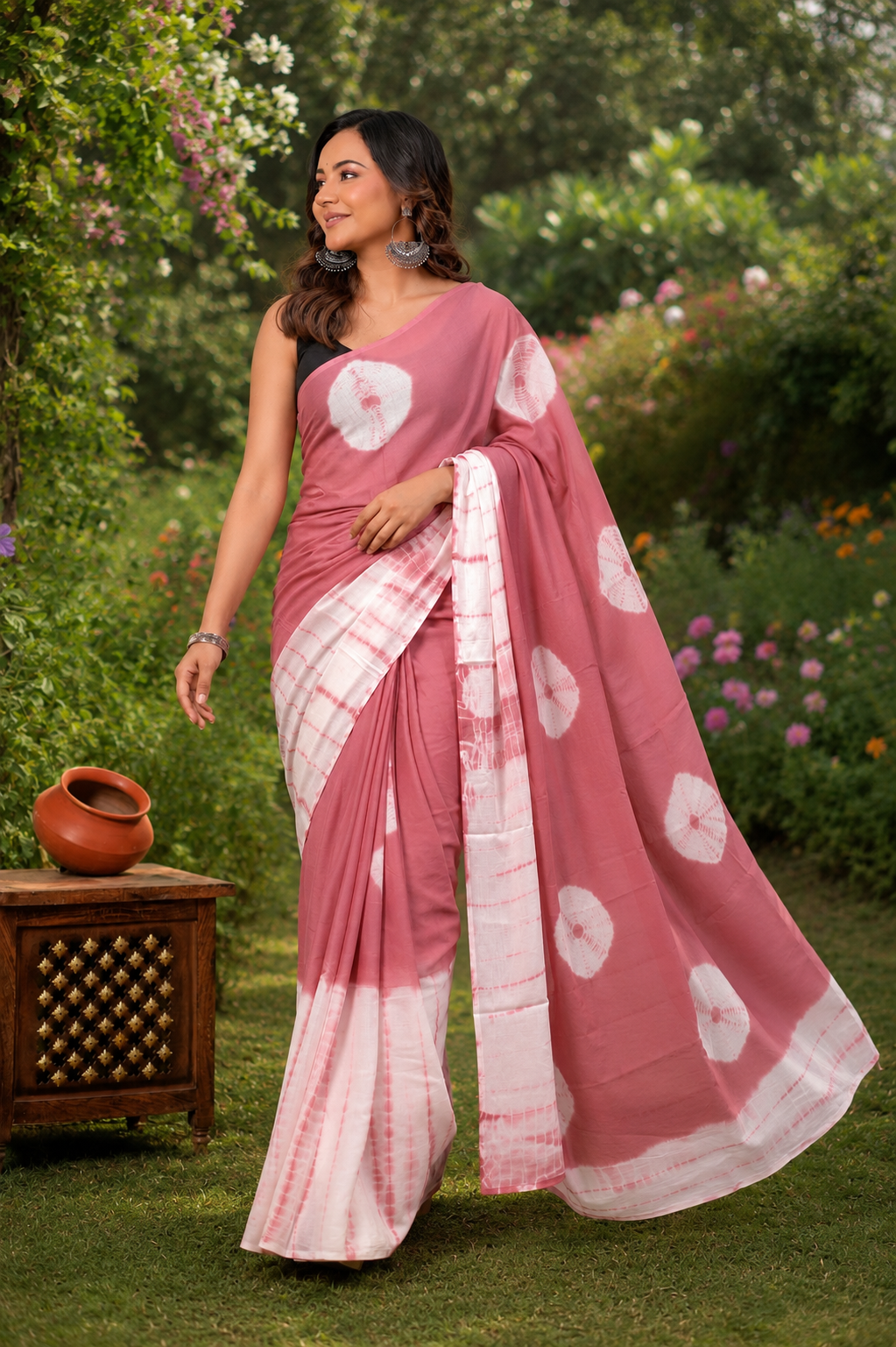 Rose Pink & Ivory circle motif cotton saree, product view 3.