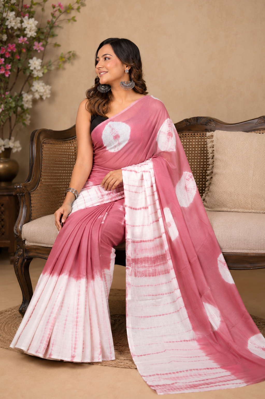 Rose Pink & Ivory circle motif cotton saree, product view 4.