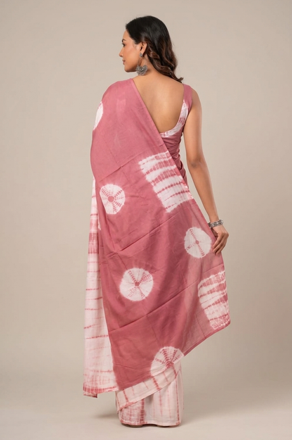 Rose Pink & Ivory circle motif cotton saree, product view 5.