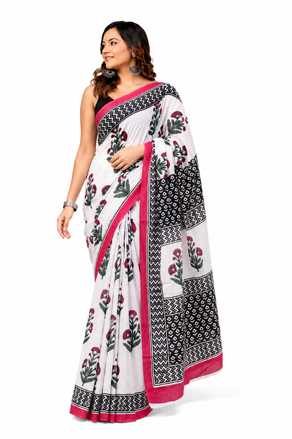 Ivory & Pink floral cotton saree, product view 1.
