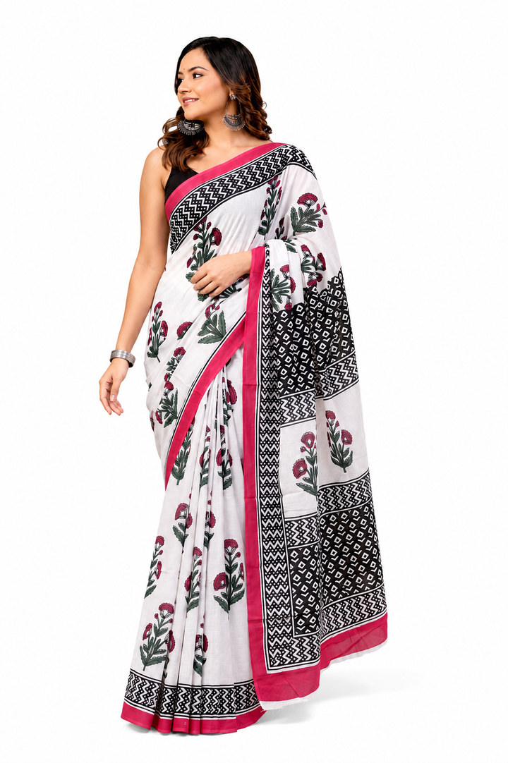 Ivory & Pink floral cotton saree, product view 1.