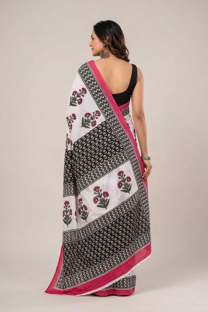 Ivory & Pink floral cotton saree, product view 2.
